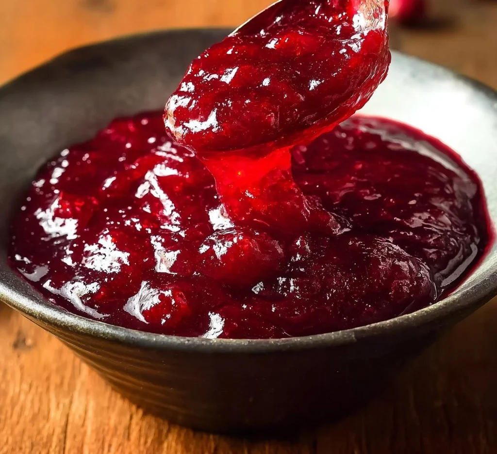 Homemade Crockpot Cranberry Sauce in a bowl, ready for serving at a festive dinner.