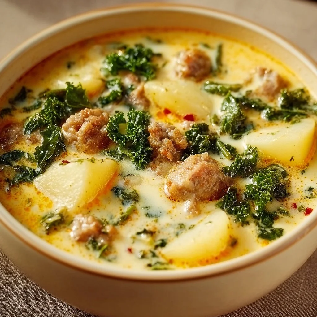Bowl of comforting slow cooker Zuppa Toscana soup garnished with greens