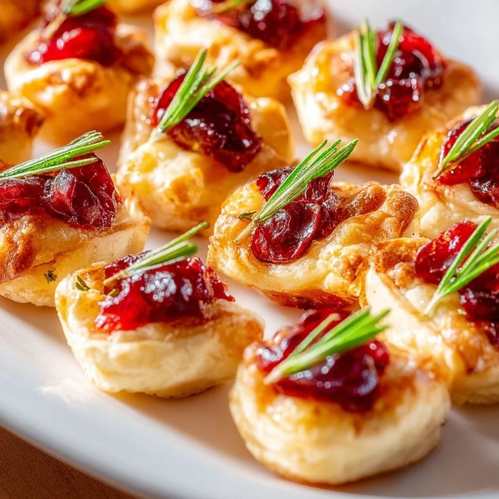Cranberry Brie Bites served on a platter, topped with herbs and walnuts.