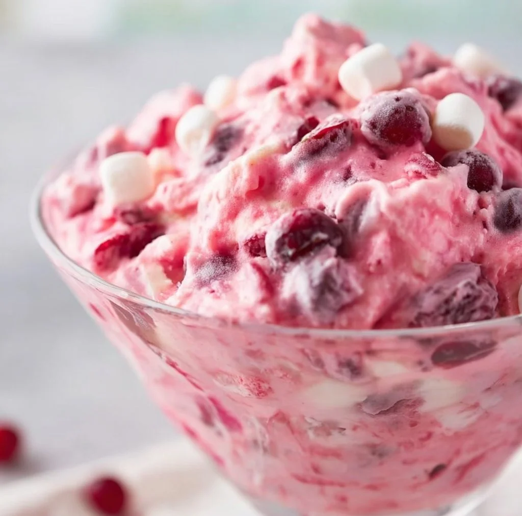 A bowl of colorful Cranberry Fluff Salad with whipped cream and cranberries