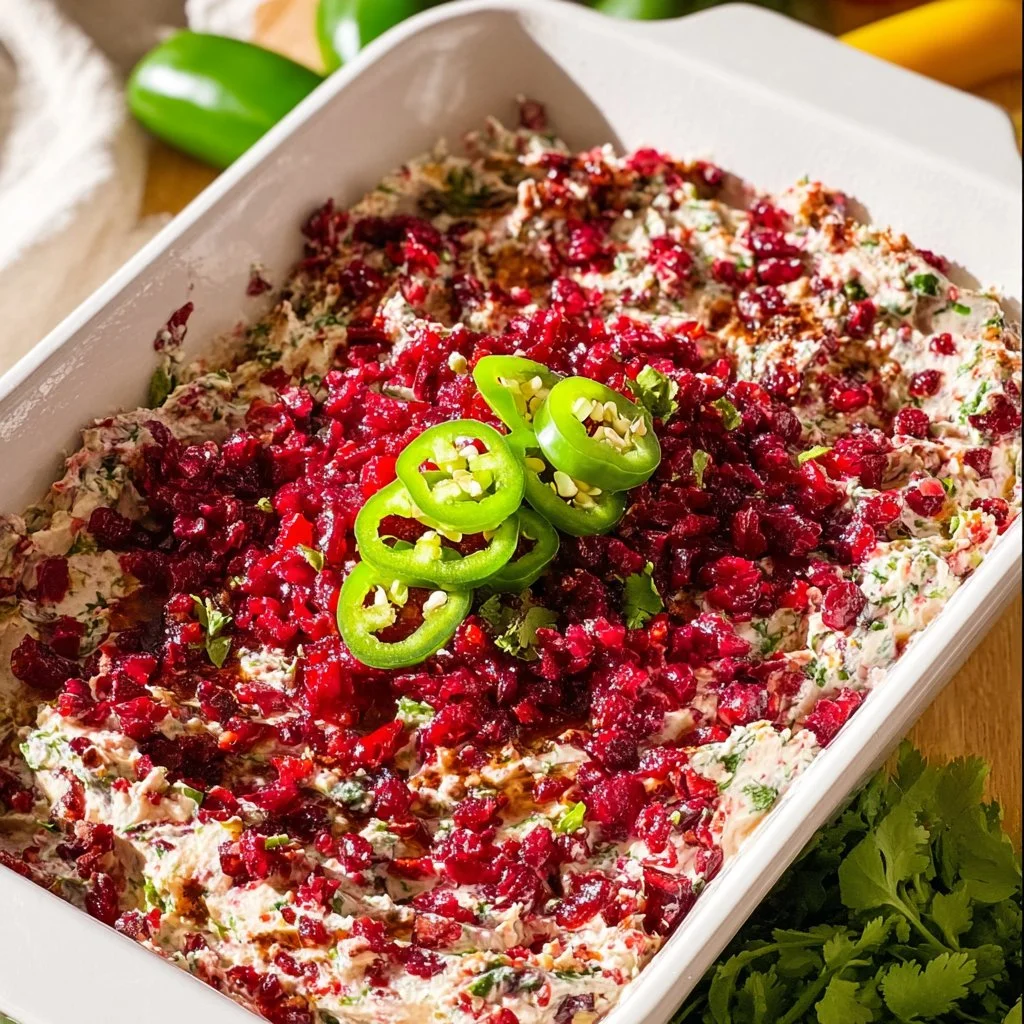 Homemade Cranberry Jalapeño Dip served in a bowl with fresh herbs and crackers