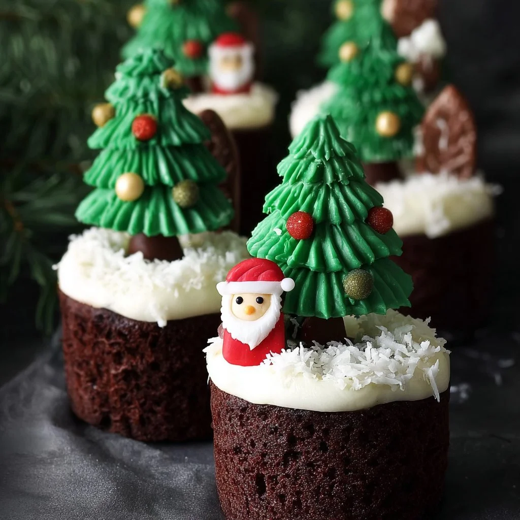 Cream cheese-stuffed muffins topped with matcha chocolate trees.