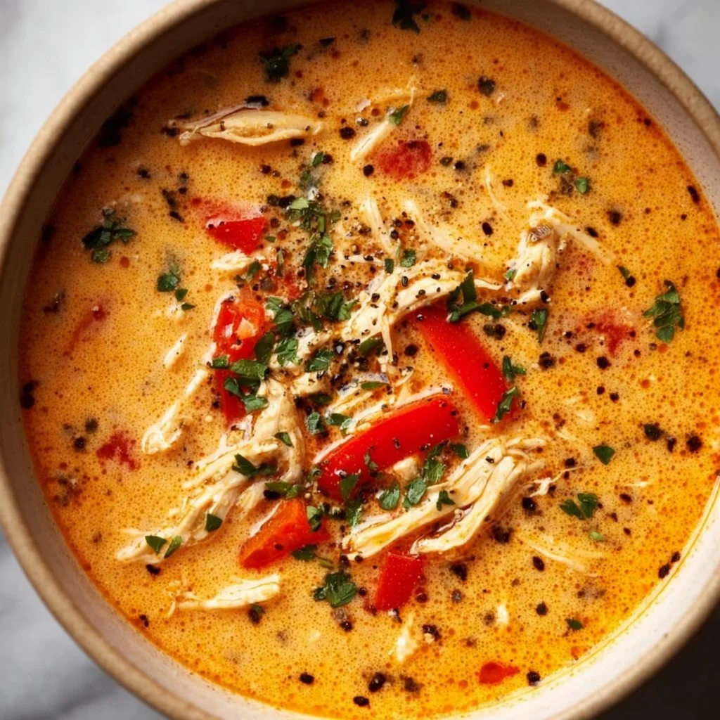 Bowl of creamy Cajun chicken soup garnished with herbs and spices
