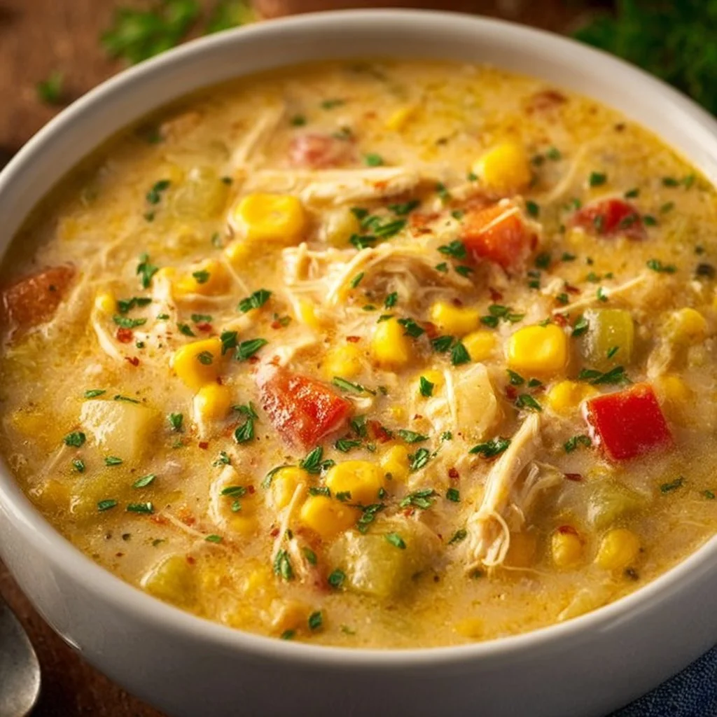 Bowl of creamy chicken corn chowder with vegetables and herbs