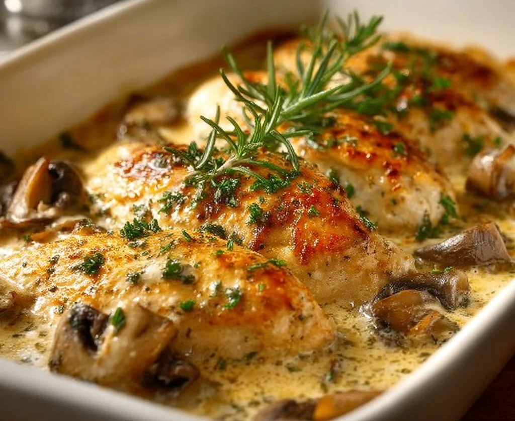 Delicious Creamy Chicken Gloria served on a plate with herbs