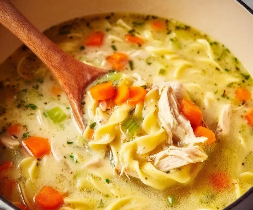 Bowl of creamy chicken noodle soup garnished with herbs