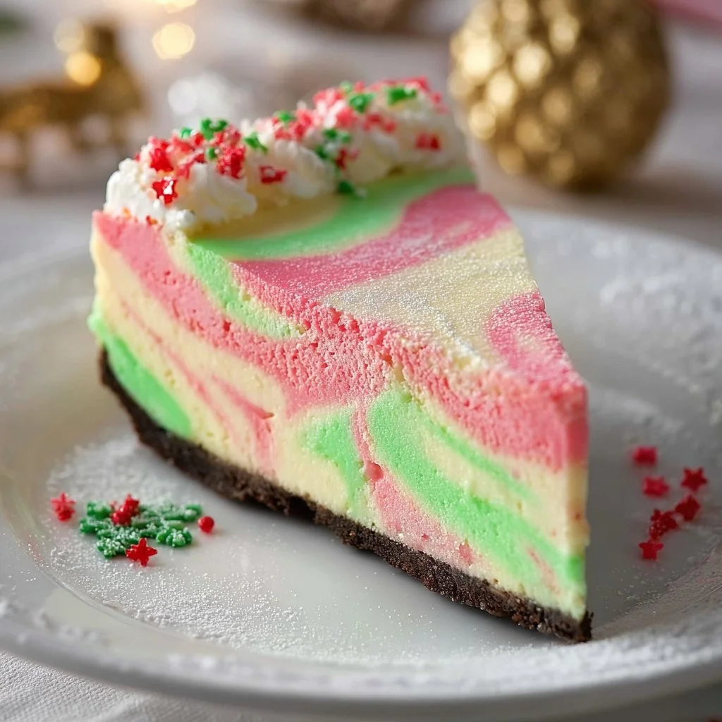 Delicious creamy Christmas cheesecake decorated for the holidays