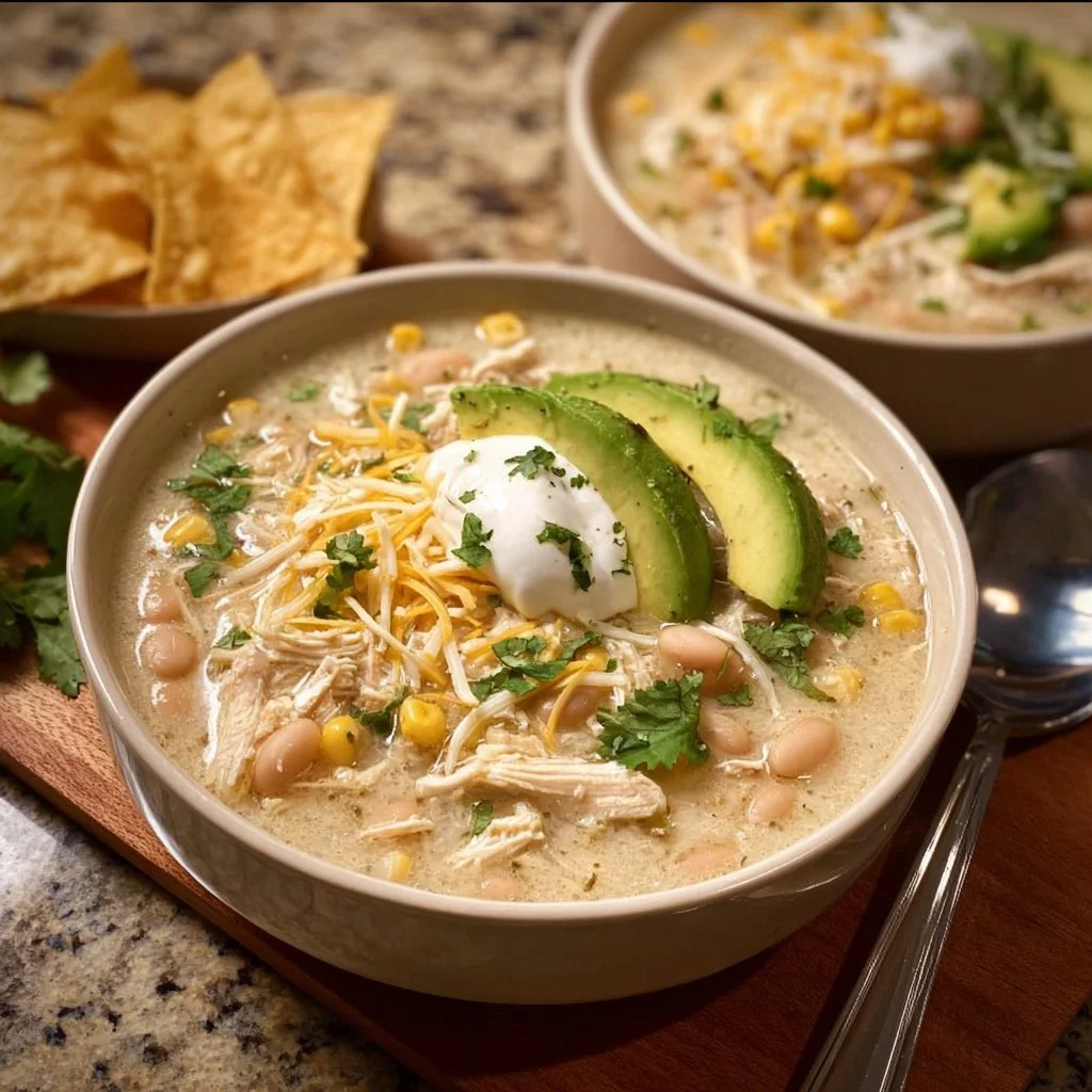 Bowl of creamy crockpot white chicken chili with toppings of cilantro and cheese.