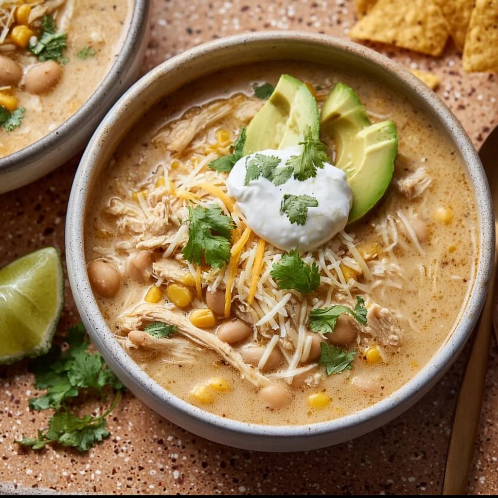 Creamy Crockpot white chicken chili served in a bowl with toppings