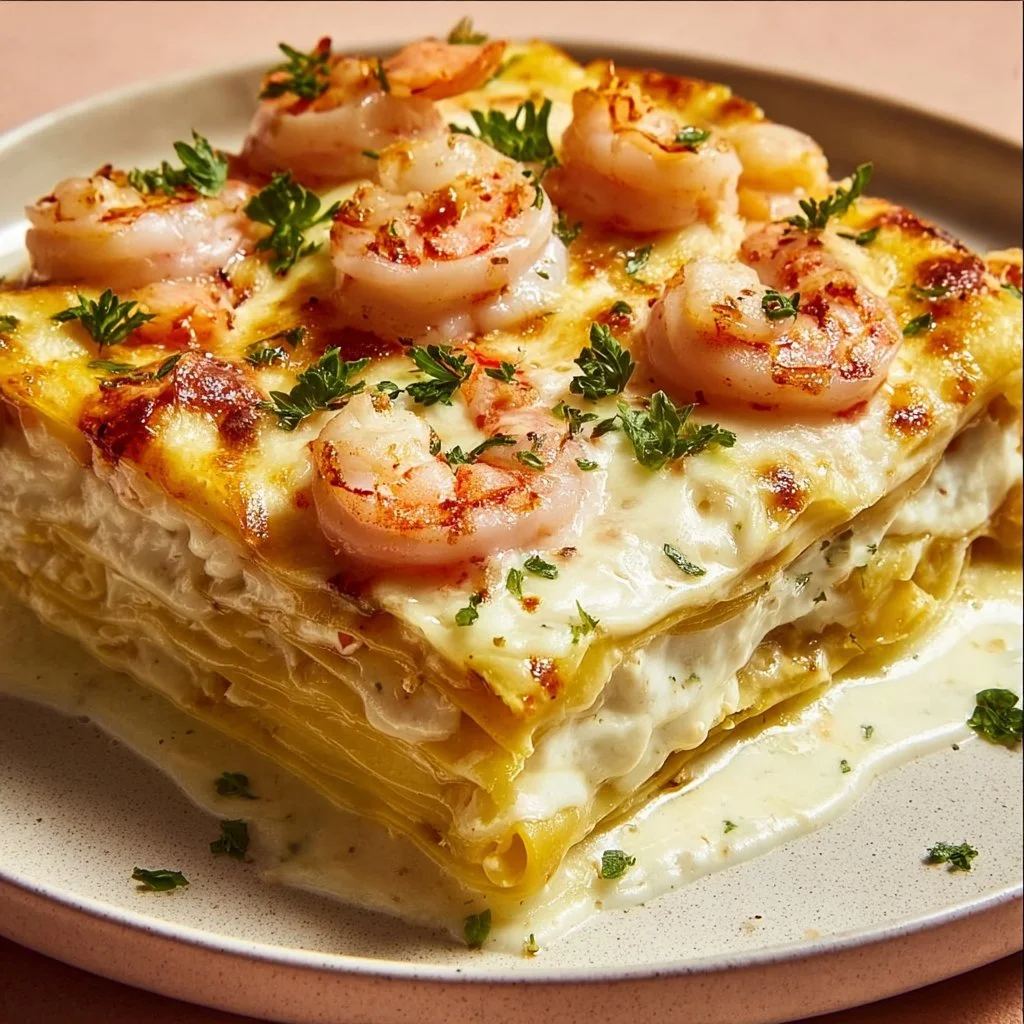 Creamy garlic butter shrimp scampi lasagna with cheese and herbs.