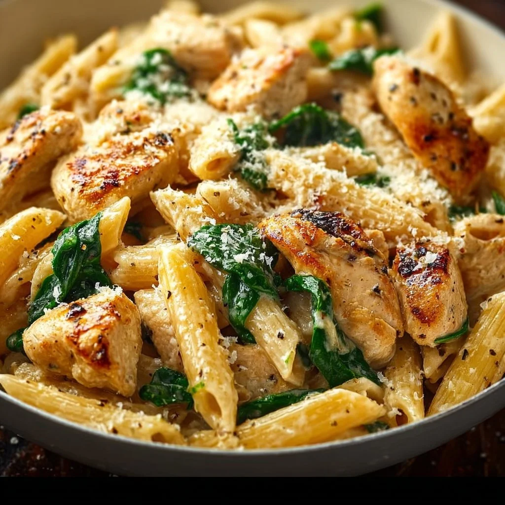 Creamy garlic parmesan chicken pasta served in a bowl with herbs
