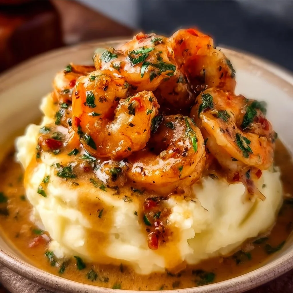Delicious creamy garlic shrimp over a bed of mashed potatoes