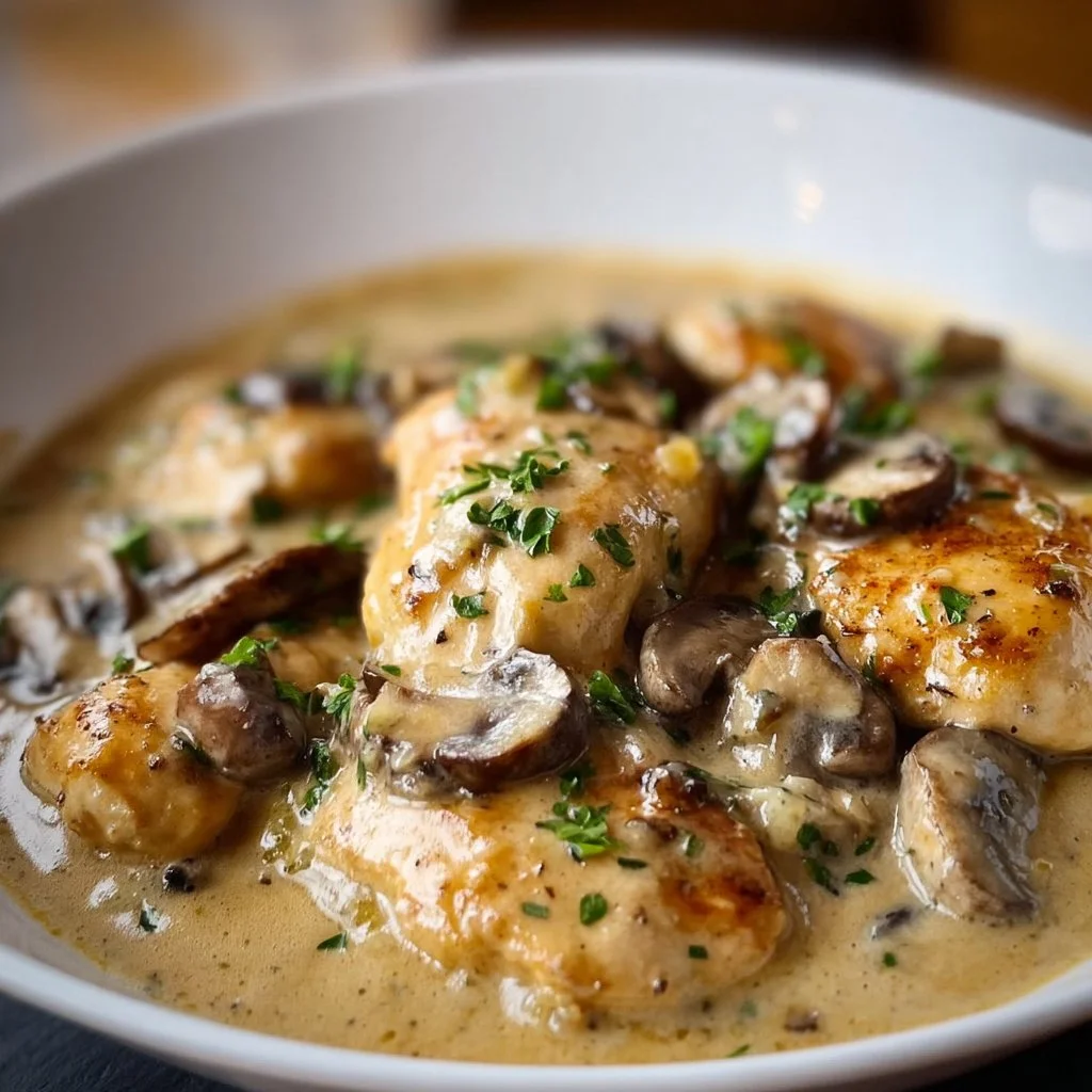 Creamy mushroom chicken dish garnished with fresh herbs