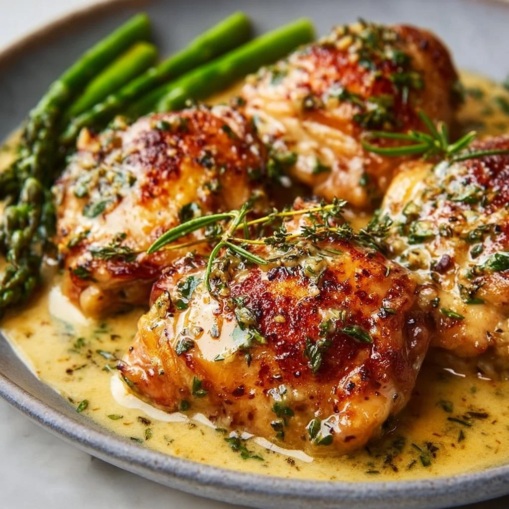 Creamy oven baked chicken thighs served on a plate with vegetables