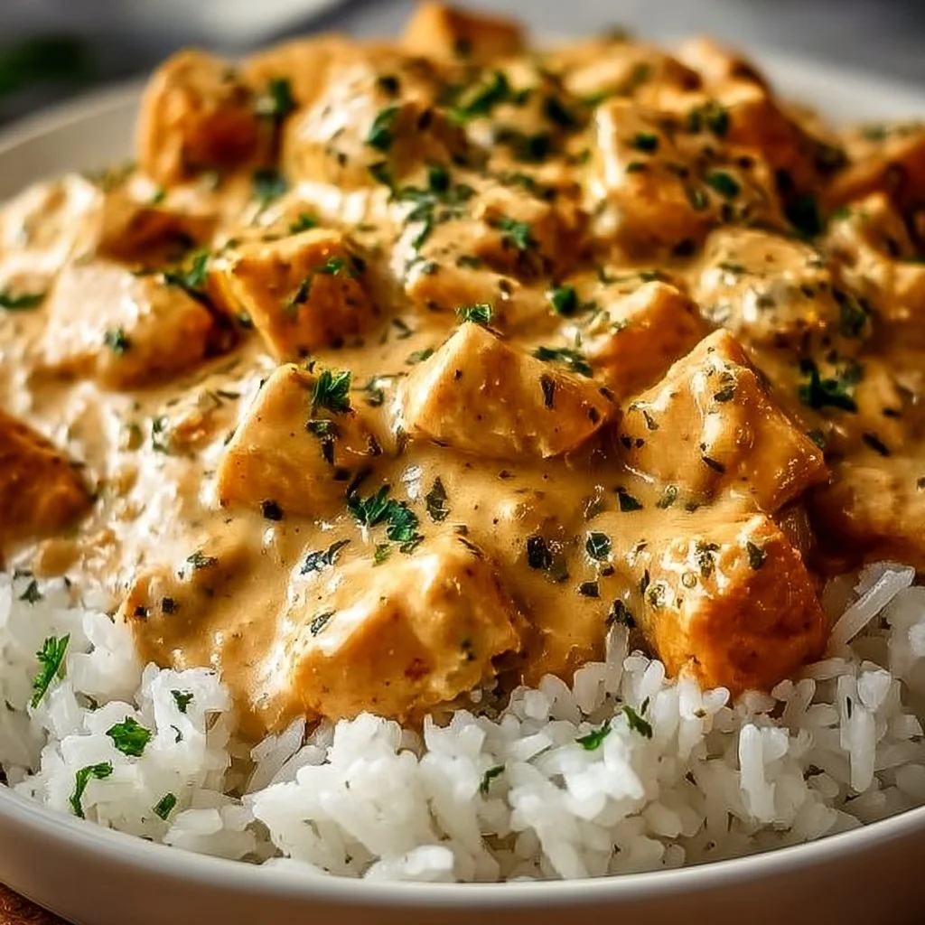 Plate of creamy smothered chicken served with rice