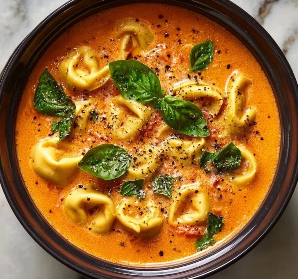 Bowl of creamy tomato tortellini soup garnished with herbs