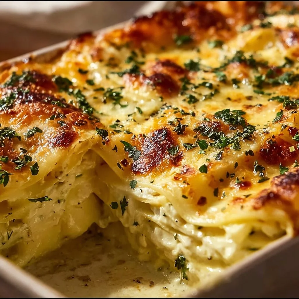 Creamy white chicken lasagna with layers of cheese and herbs