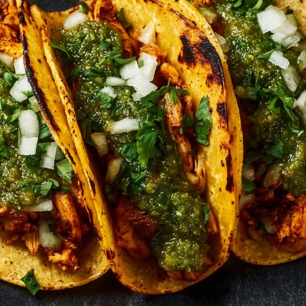 Crispy Poblano Chicken Tacos topped with fresh ingredients and garnished beautifully.