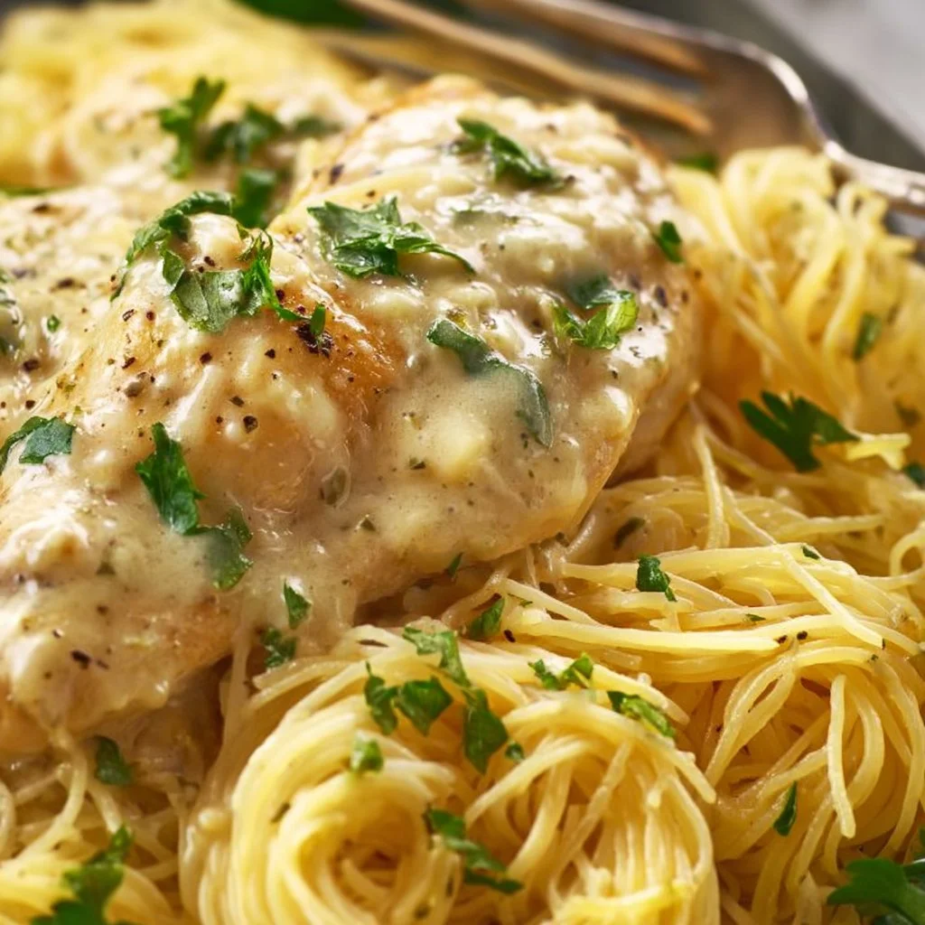 Crock Pot Angel Chicken dish served with herbs and creamy sauce