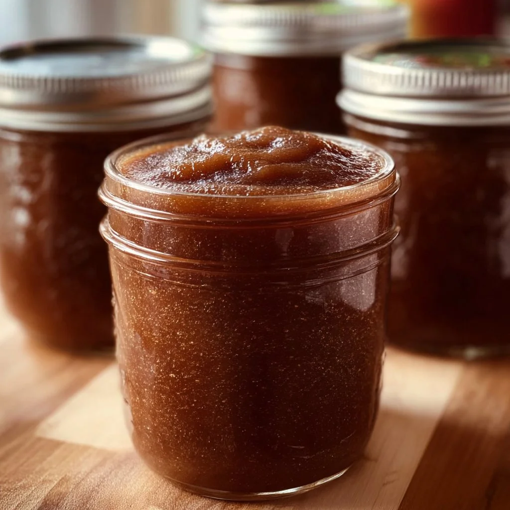 Crock Pot apple butter jar for canning, homemade spread, fall recipes.