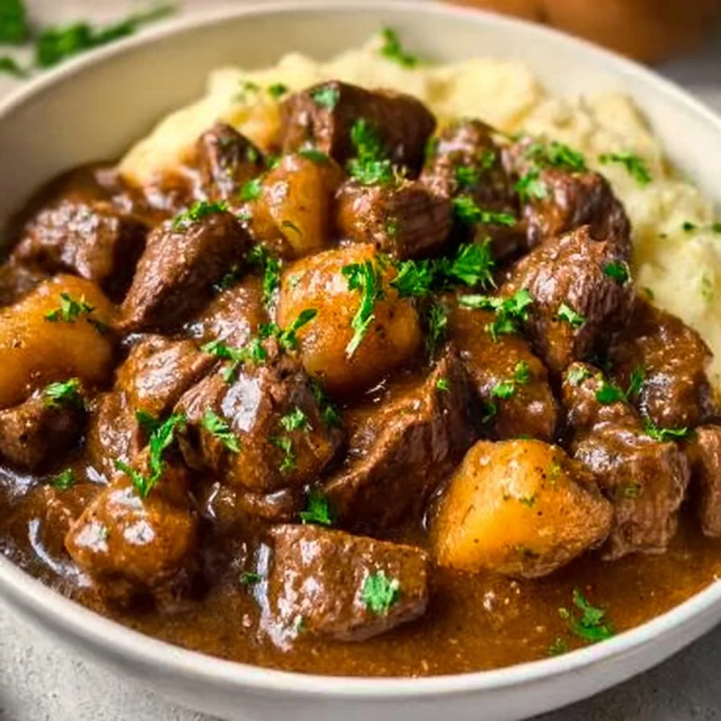 Crock Pot beef tips simmering in rich gravy served with mashed potatoes