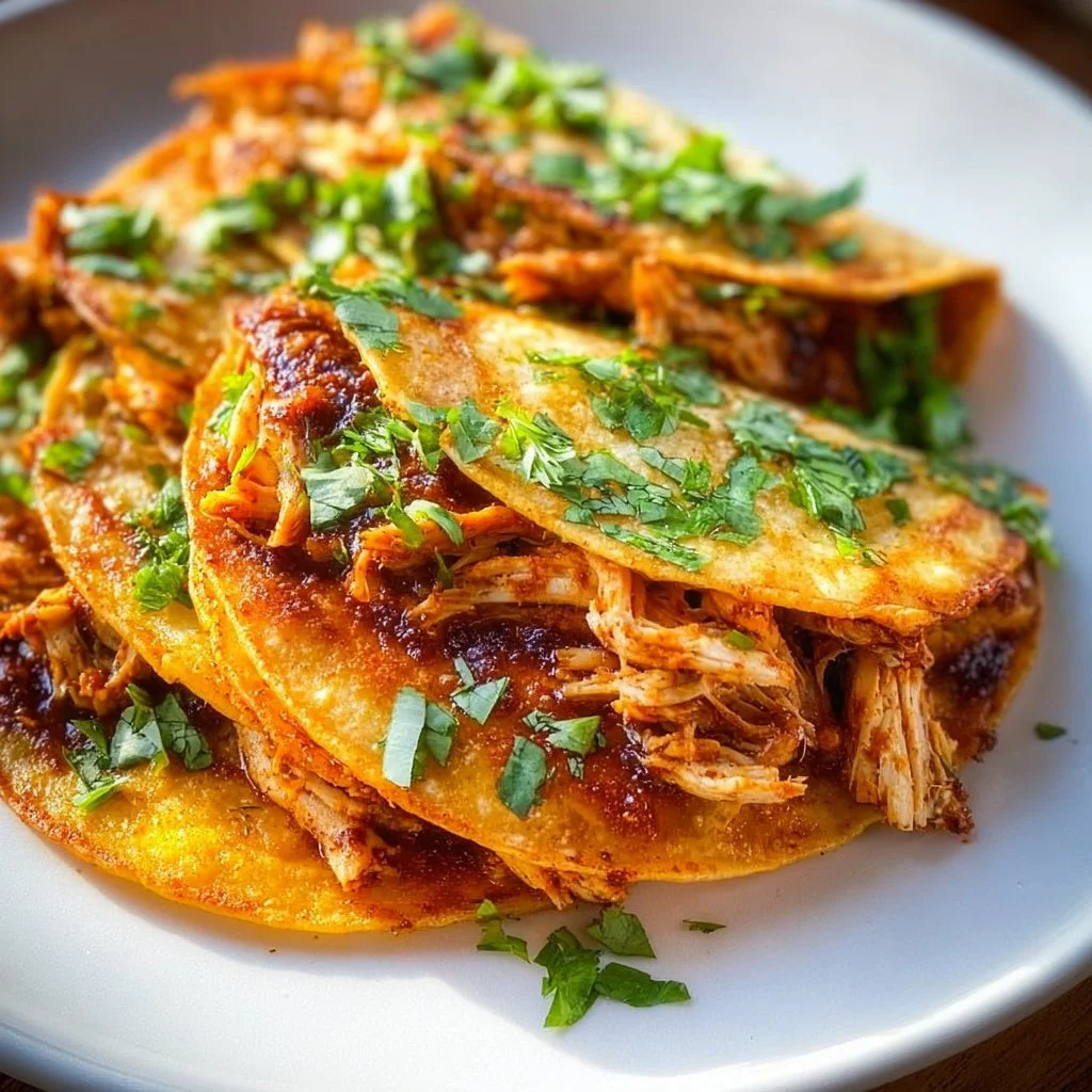 Crock Pot Chicken Birria Tacos garnished with fresh cilantro and onion