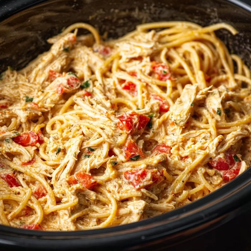 Delicious Crock Pot chicken spaghetti topped with herbs and cheese