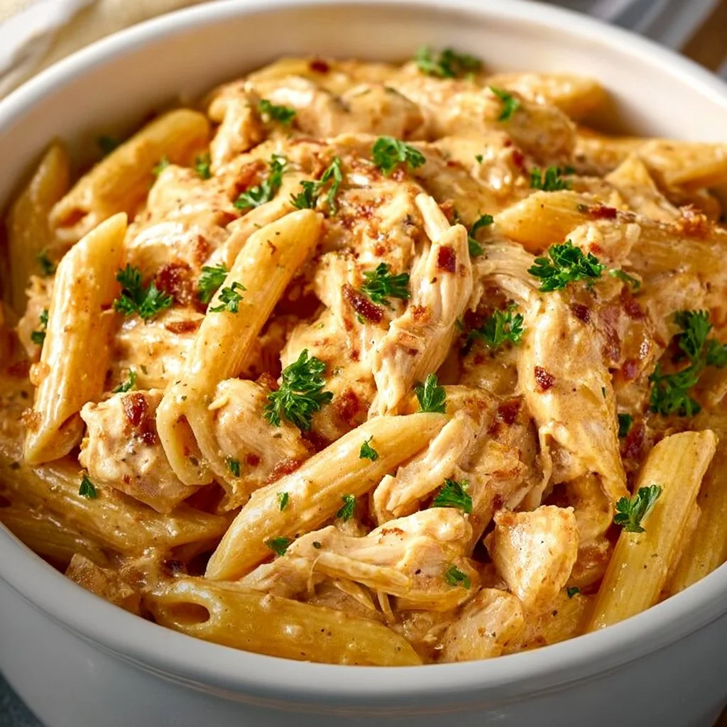Crock pot creamy Cajun chicken pasta served in a bowl with herbs and spices