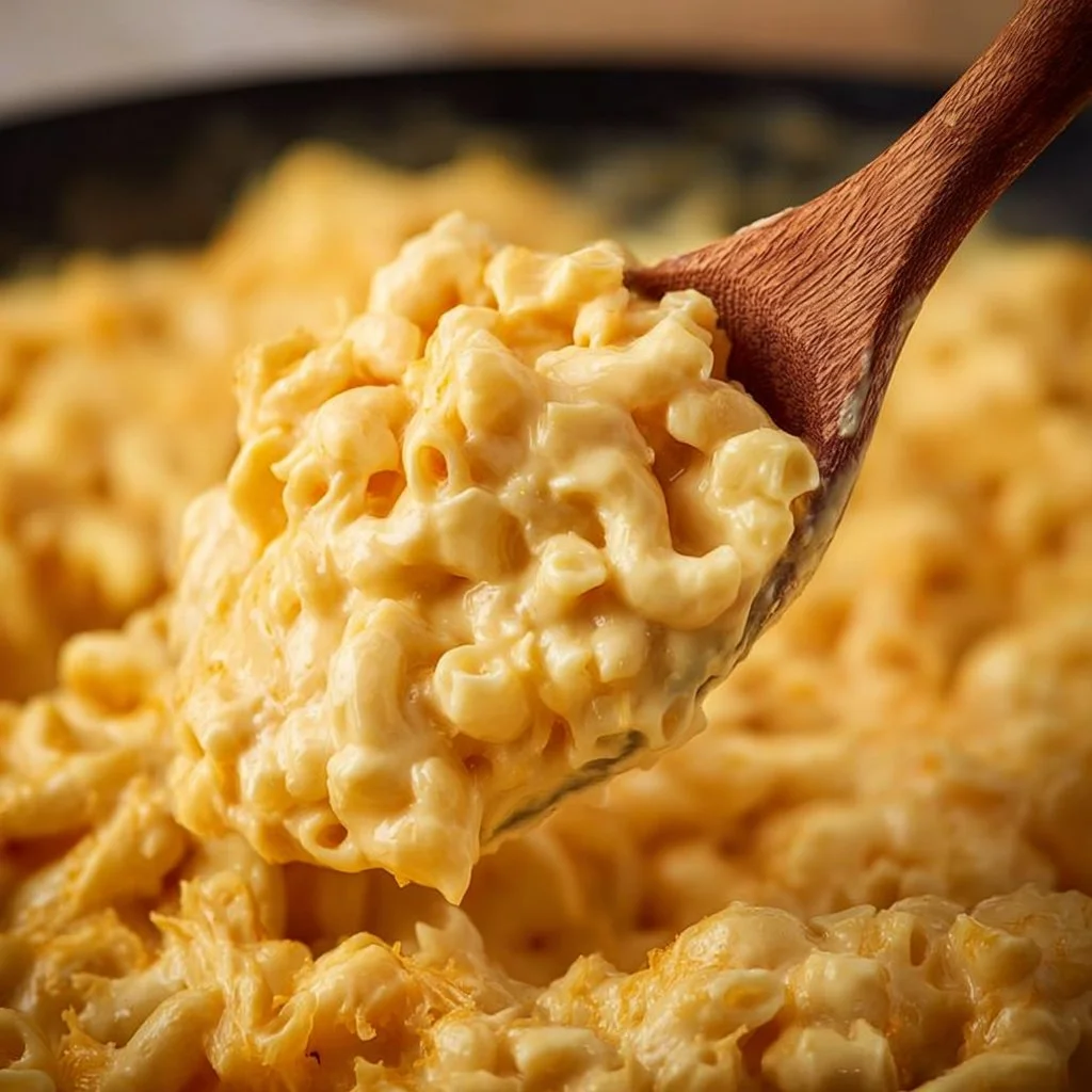 Delicious crock pot macaroni and cheese in a bowl with melted cheese