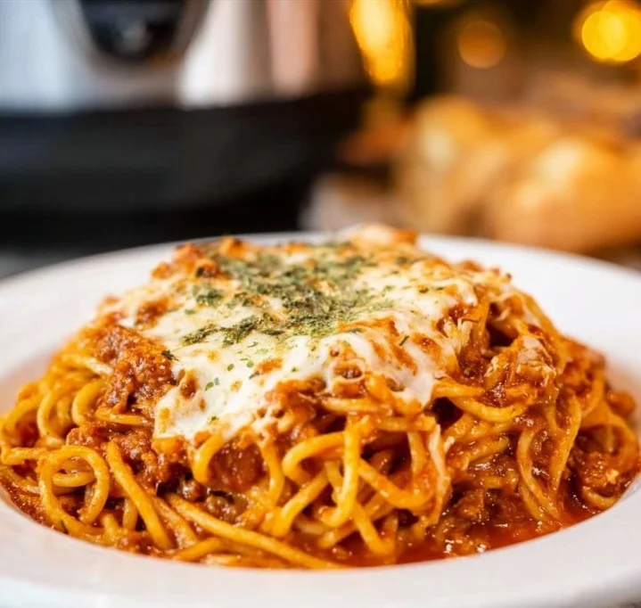 Delicious Crock Pot spaghetti served on a plate with herbs and cheese