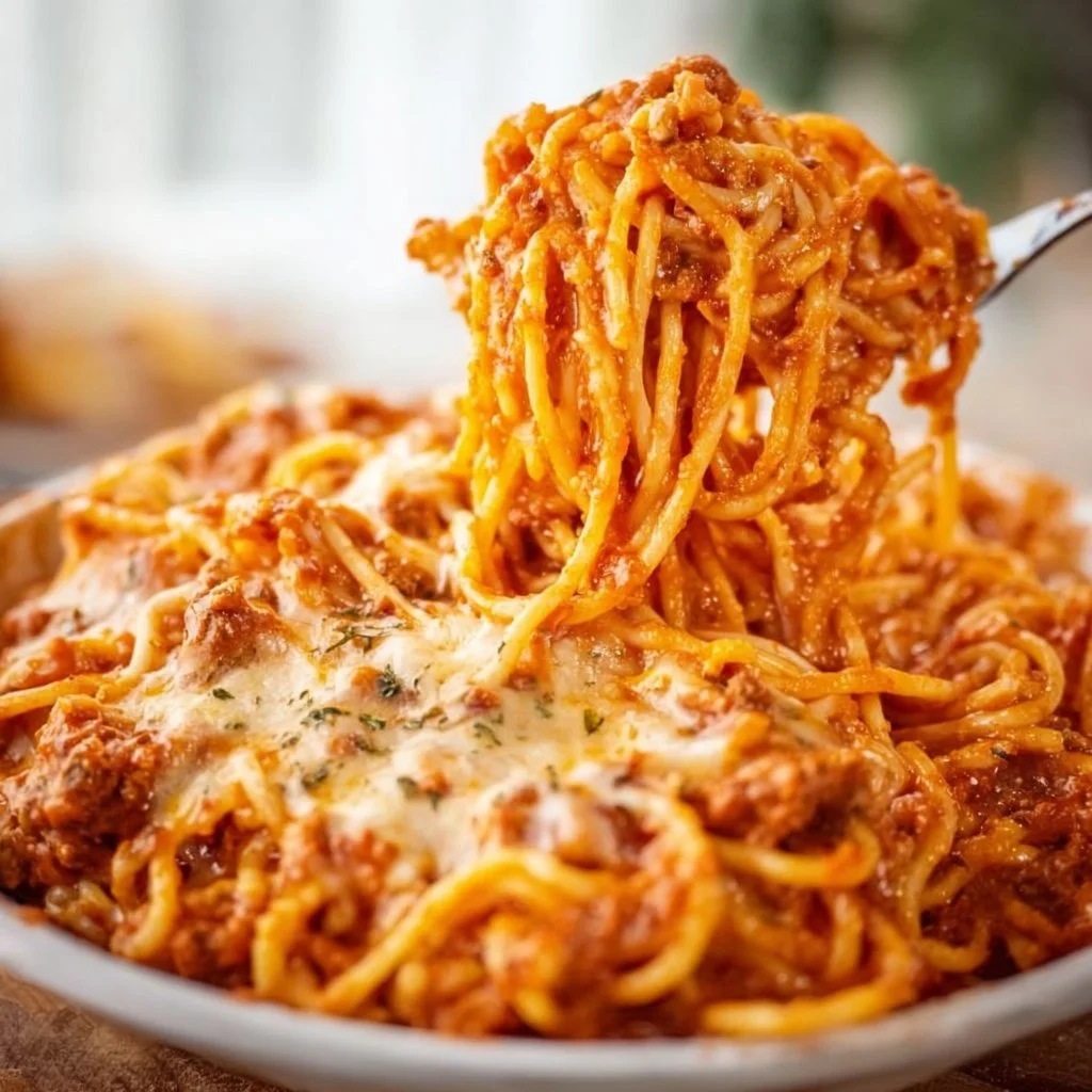 Delicious Crock Pot spaghetti served in a bowl with herbs and cheese