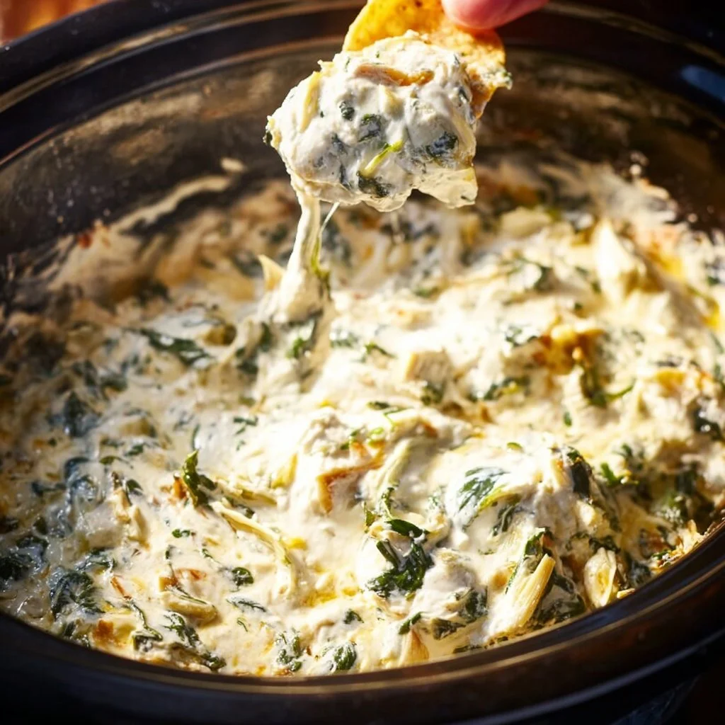Creamy crock pot spinach artichoke dip served in a bowl