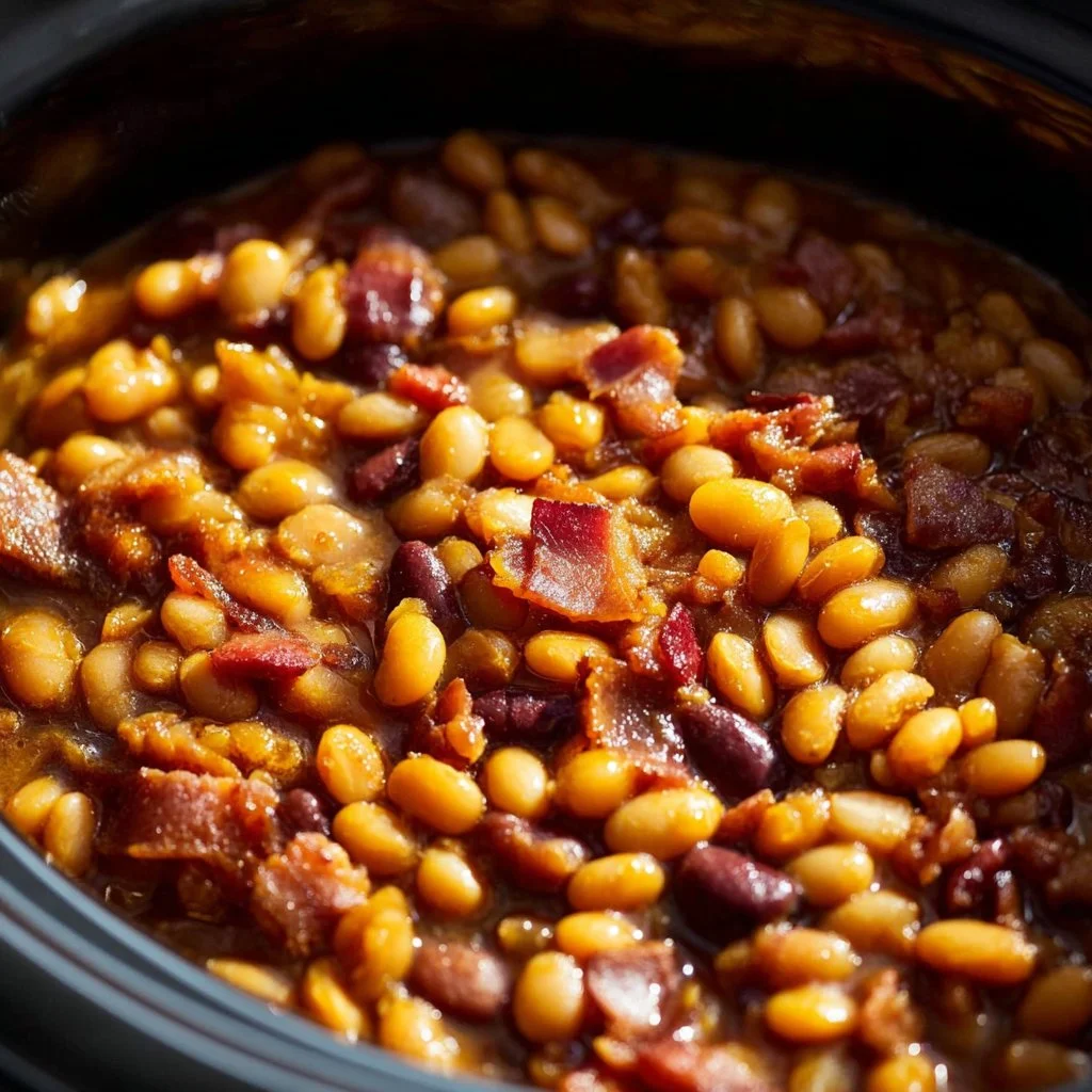 Delicious crockpot baked beans simmering in a slow cooker.