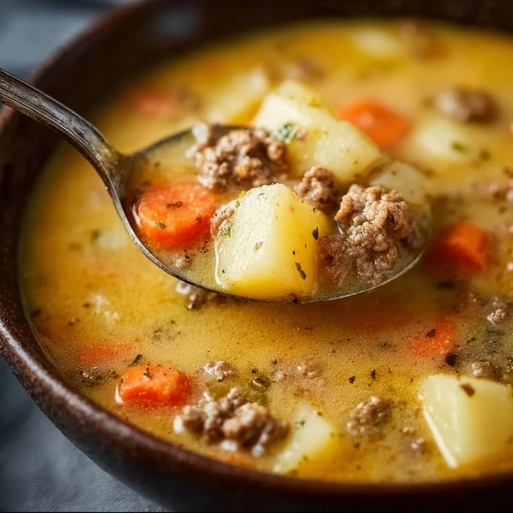 Bowl of delicious crockpot cheeseburger soup with toppings