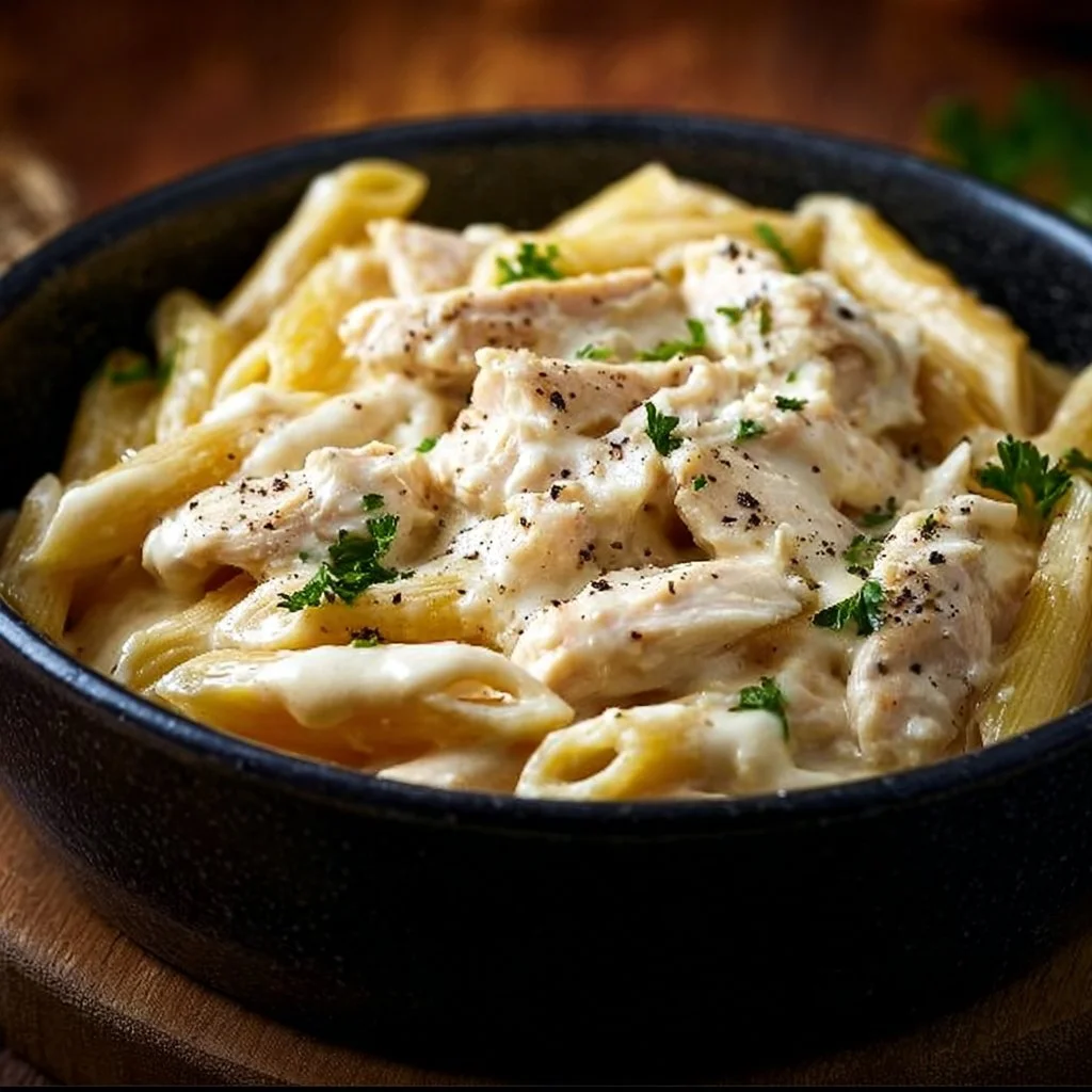 Delicious Crockpot Chicken Alfredo Pasta served in a bowl with fresh parsley.