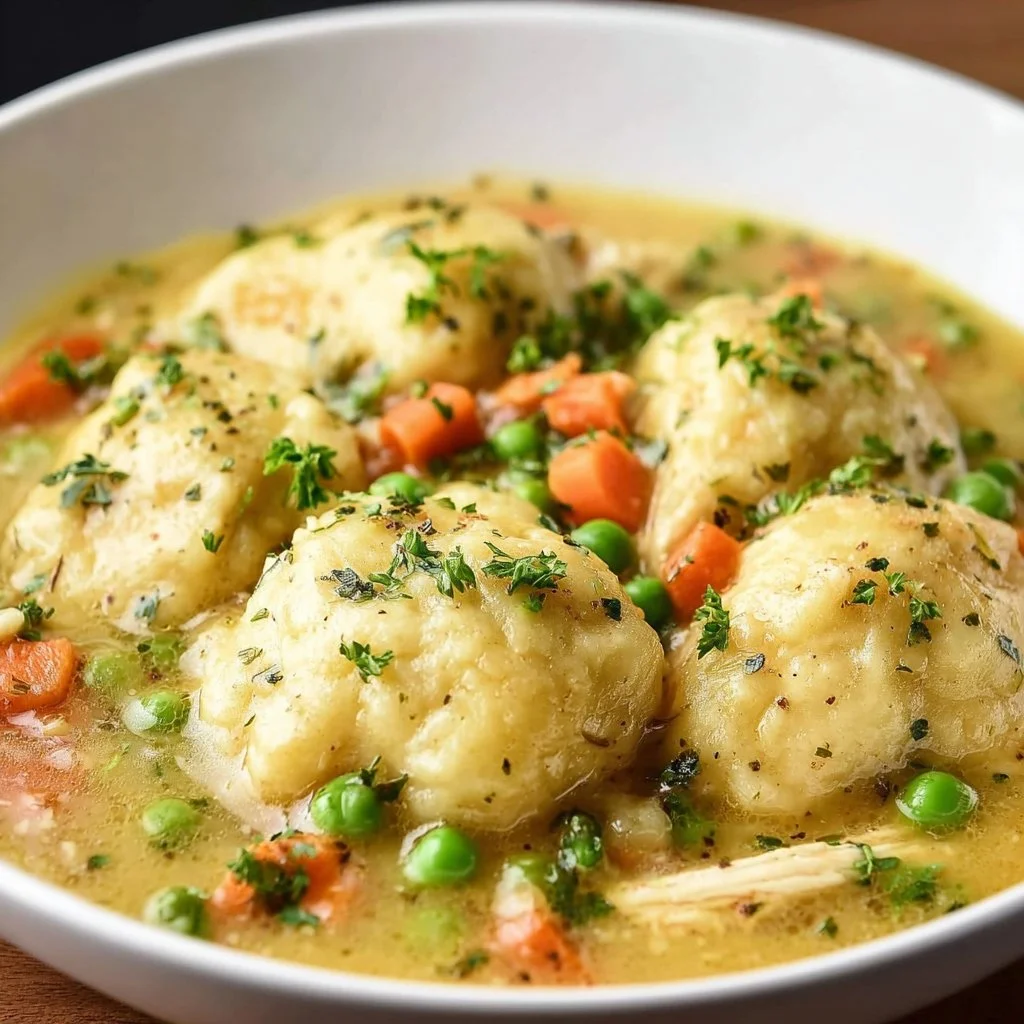 Delicious crockpot chicken and dumplings in a creamy broth ready to serve.