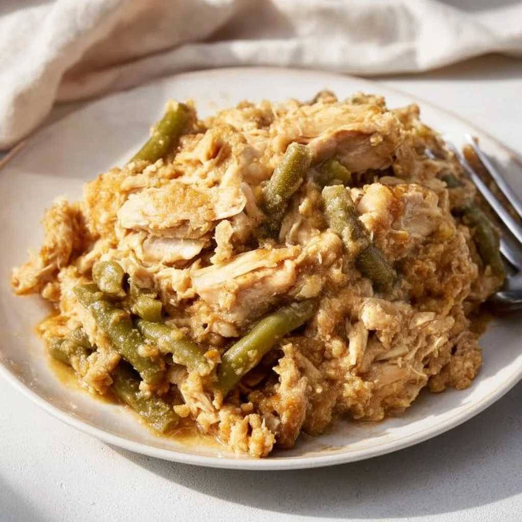 Crockpot Chicken and Stuffing served in a bowl garnished with herbs