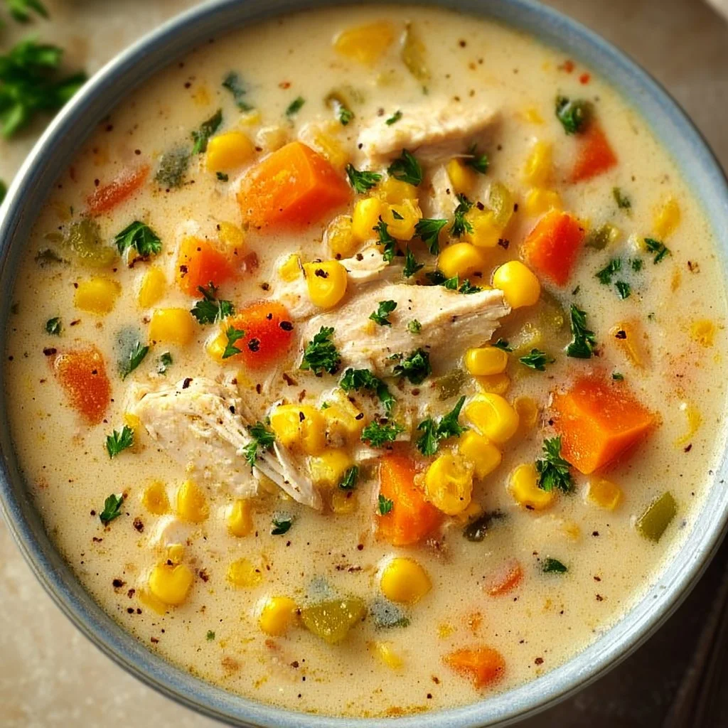 Bowl of creamy Crockpot chicken corn chowder with fresh corn and herbs
