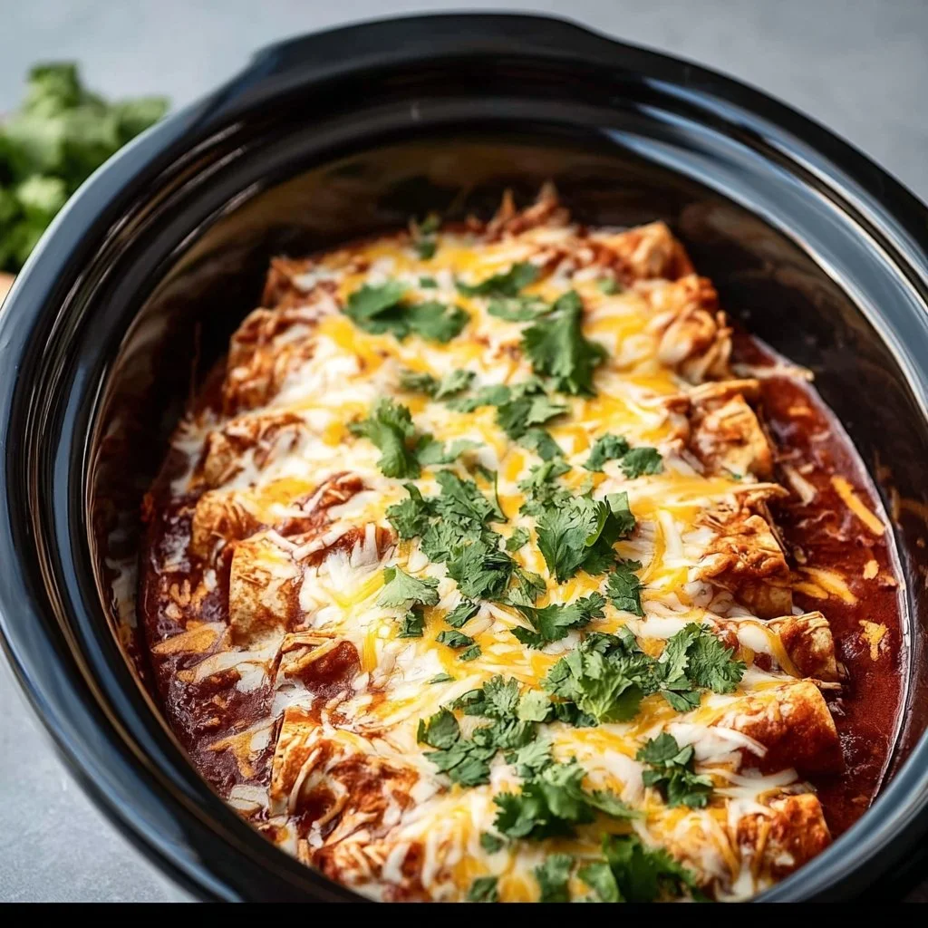 Delicious Crockpot chicken enchiladas served with toppings
