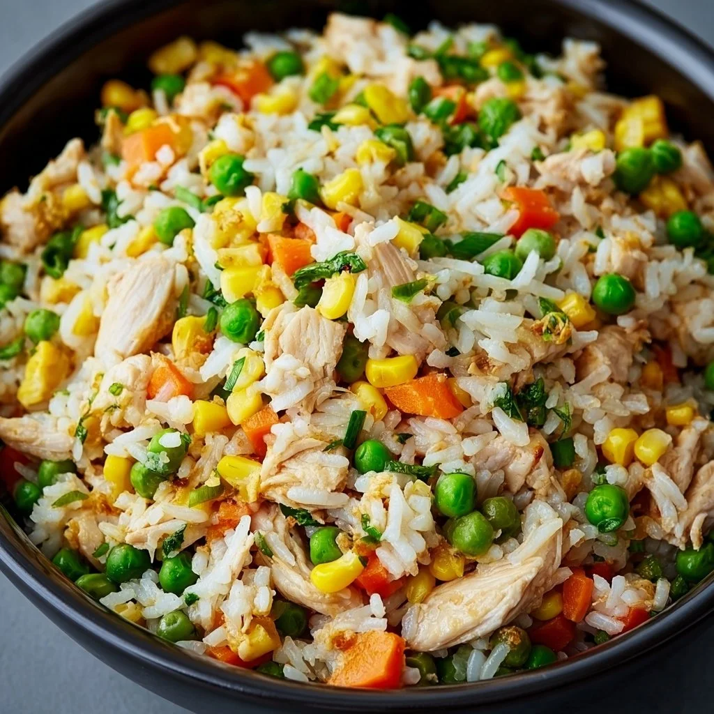 Delicious bowl of Crockpot Chicken Fried Rice with vegetables and chicken