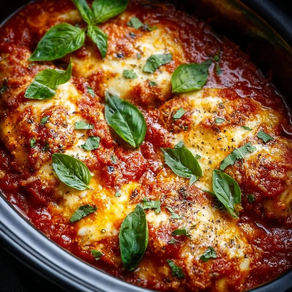 Crockpot chicken parmesan recipe with melted cheese and marinara sauce.