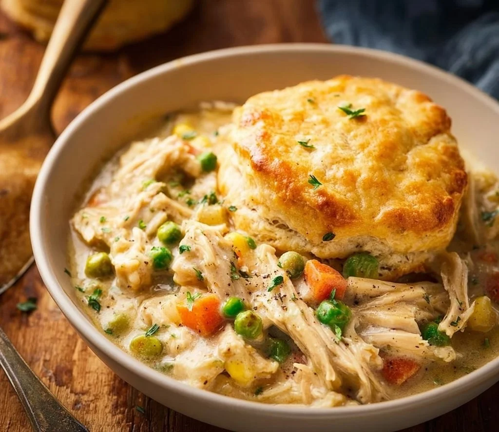 A comforting bowl of Crockpot Chicken Pot Pie with flaky crust and hearty filling.