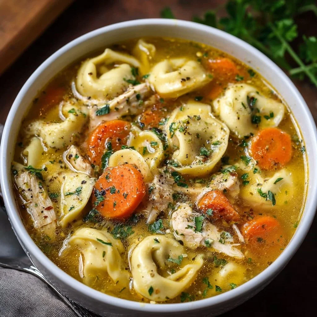Crockpot Chicken Tortellini Soup in a bowl, garnished with fresh herbs