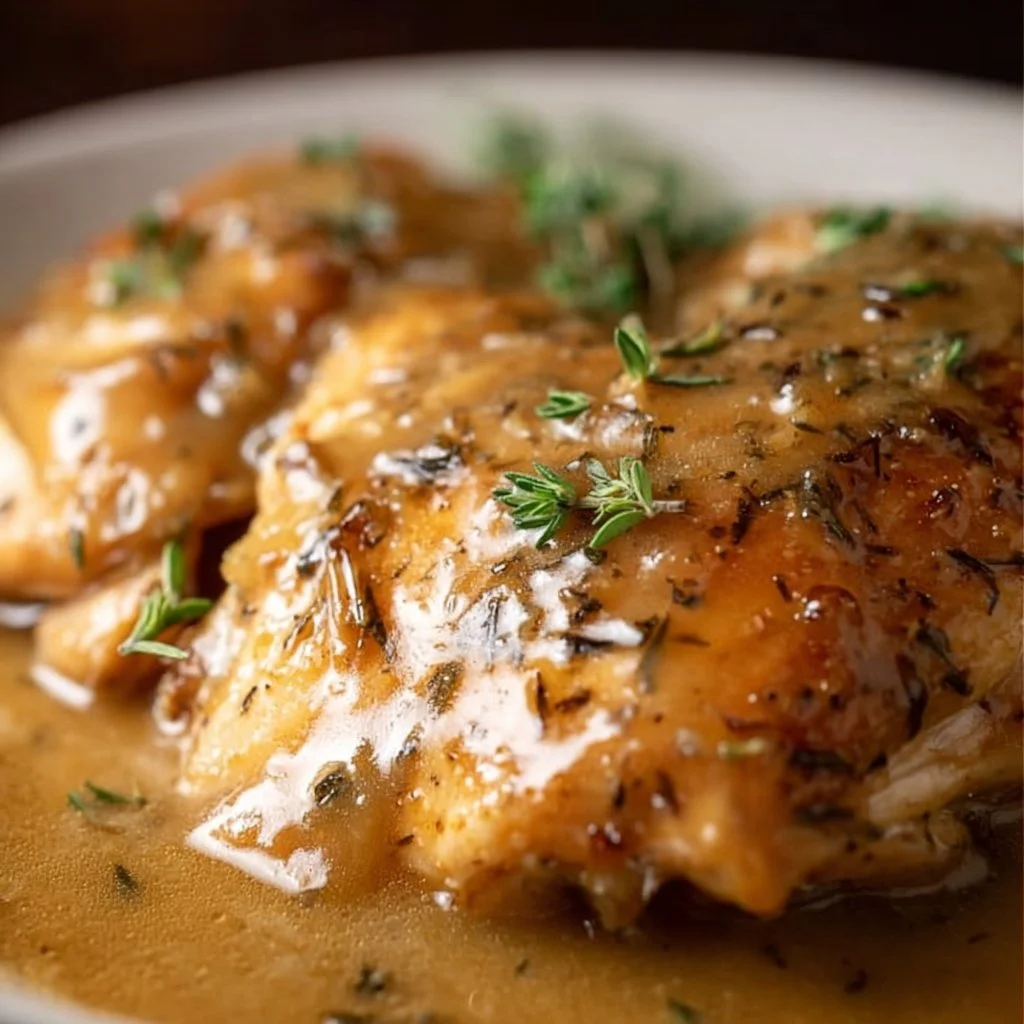 Crockpot chicken cooked in creamy gravy, served with herbs and vegetables.