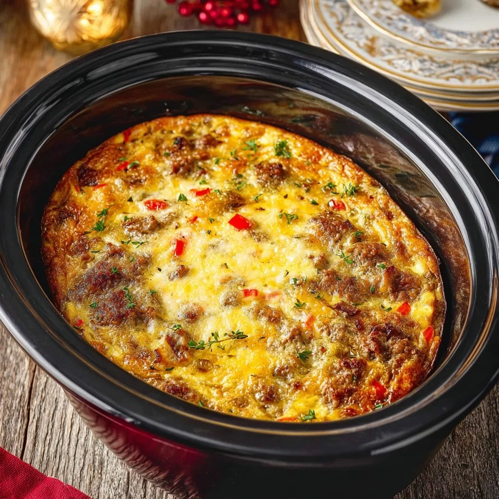 Delicious Crockpot Christmas Breakfast Casserole served in a festive dish