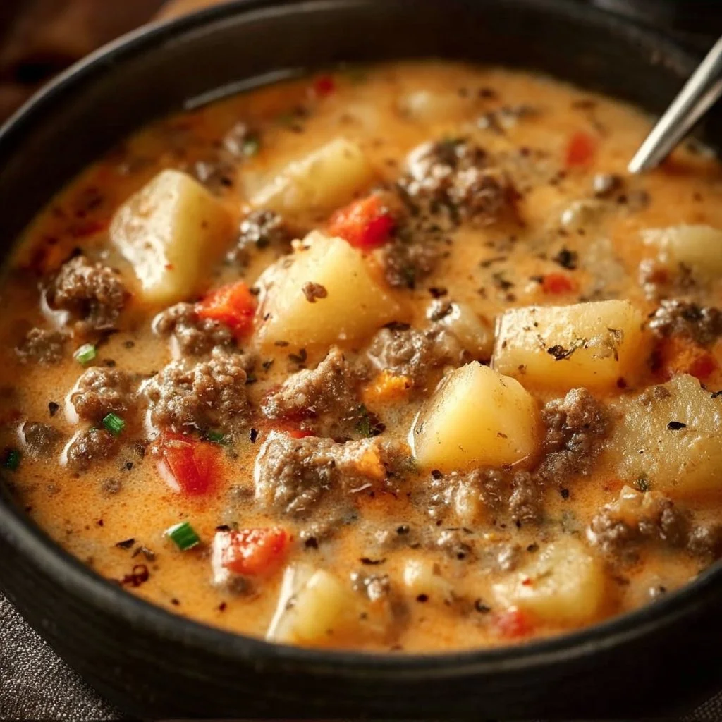 Bowl of Crockpot Creamy Potato Soup with hamburger and fresh herbs