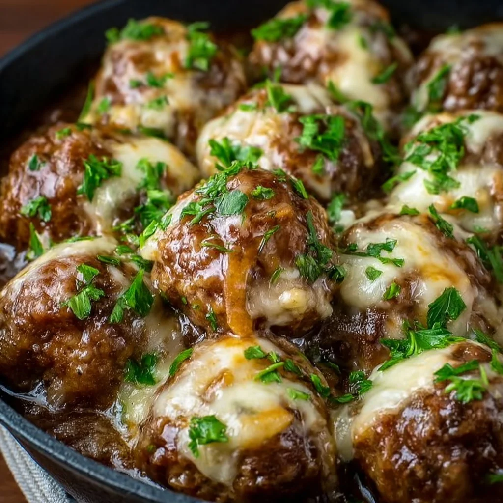 Tender Crockpot French Onion Meatballs with melted cheese and caramelized onions