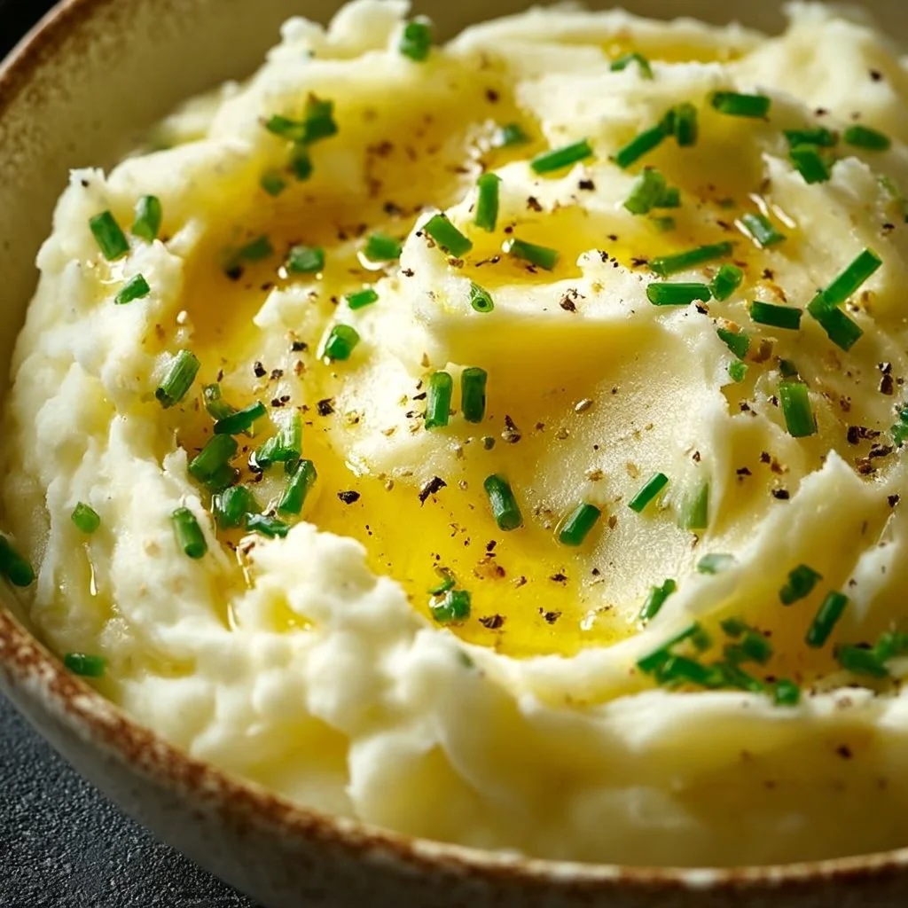Bowl of creamy Crockpot garlic mashed potatoes garnished with parsley