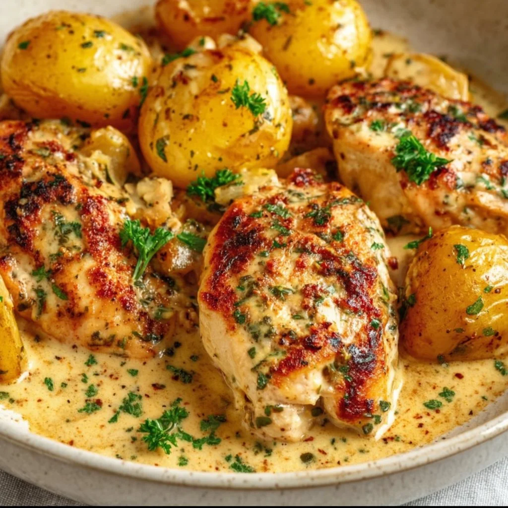 Crockpot garlic parmesan chicken served with potatoes in a creamy sauce