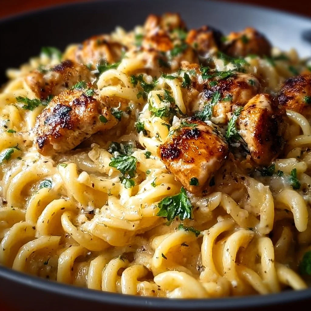 Delicious Crockpot Garlic Parmesan Chicken Pasta served in a bowl
